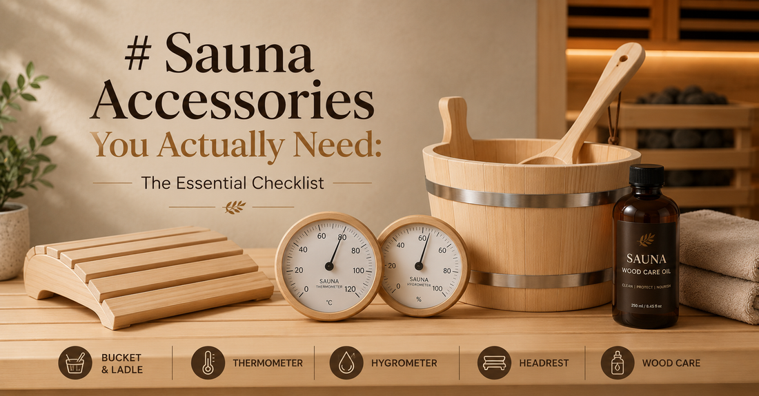 Sauna bucket, ladle, thermometer, hygrometer and alder headrest on a wooden sauna bench