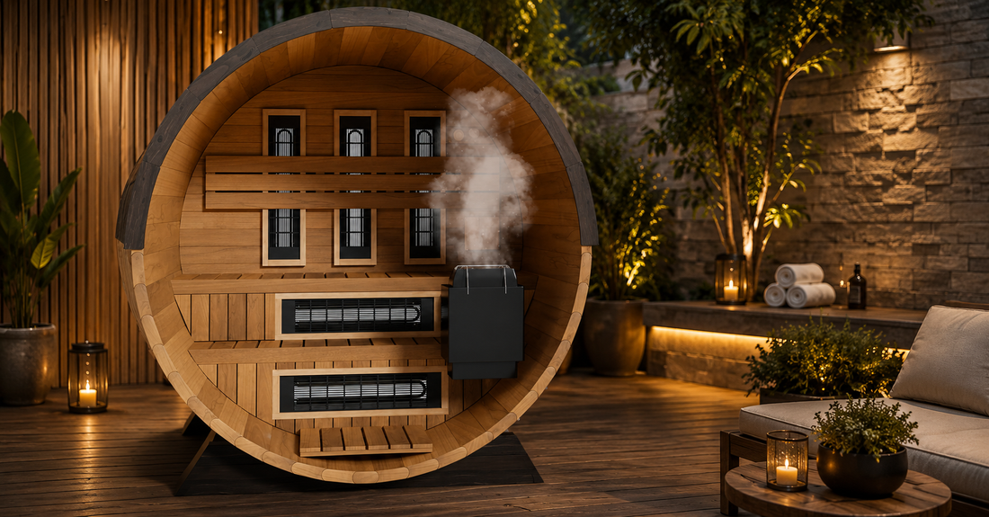 Finnmark outdoor hybrid barrel sauna with infrared and steam in a garden