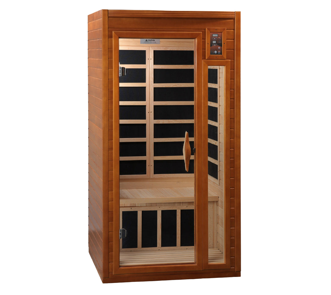Two-person hemlock infrared sauna with a glass door, black carbon heater panels and a digital control panel