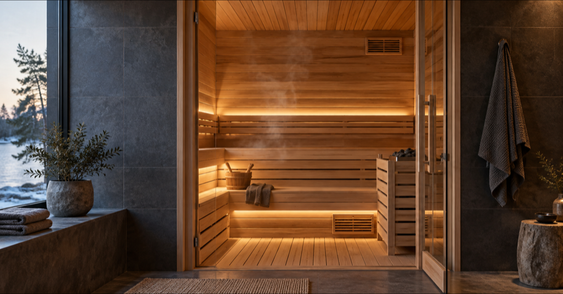 Warm cedar home sauna interior with high and low ventilation grilles for balanced airflow