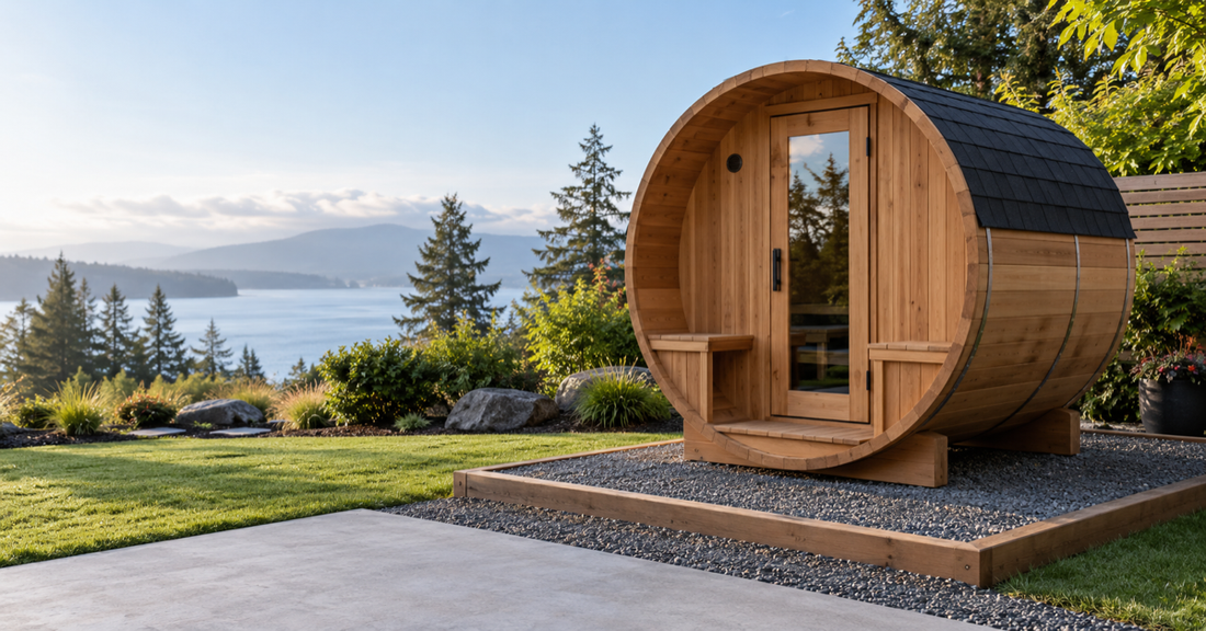 Outdoor barrel sauna on a level compacted gravel foundation beside a concrete pad