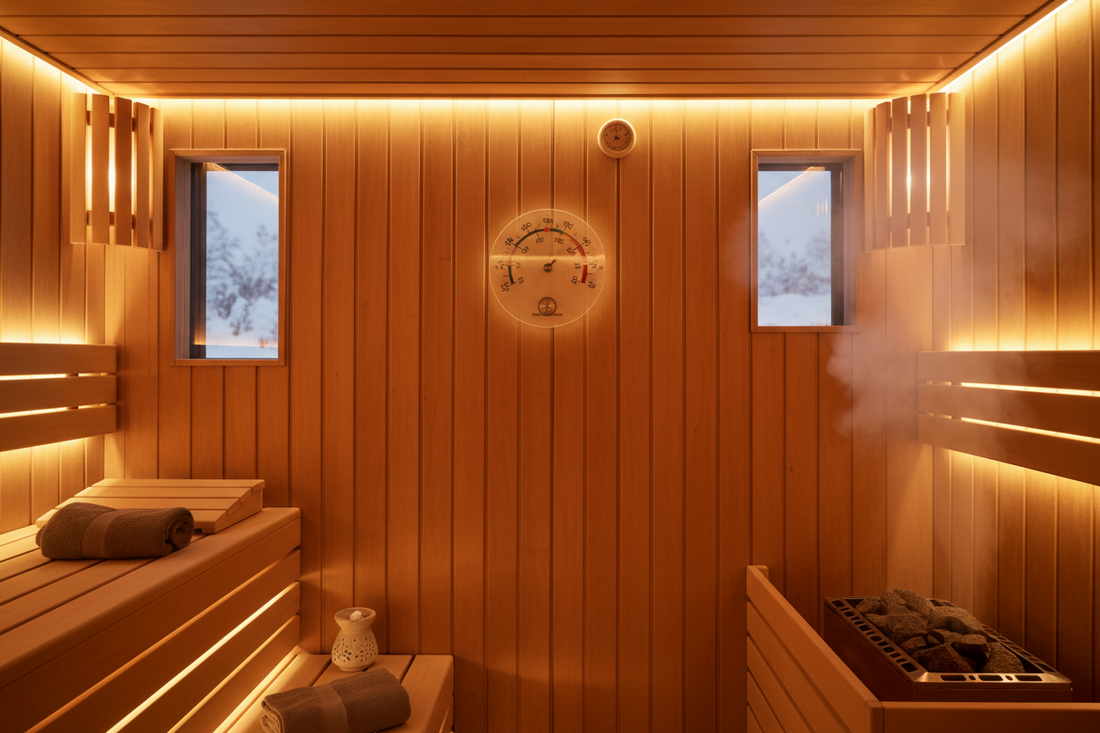 Cedar sauna interior with snow-view windows, a wall thermometer and a steaming stone heater