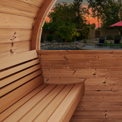 SaunaLife Model E8W Traditional Outdoor Barrel Sauna | ERGO Series | Rear Window | 6-Person