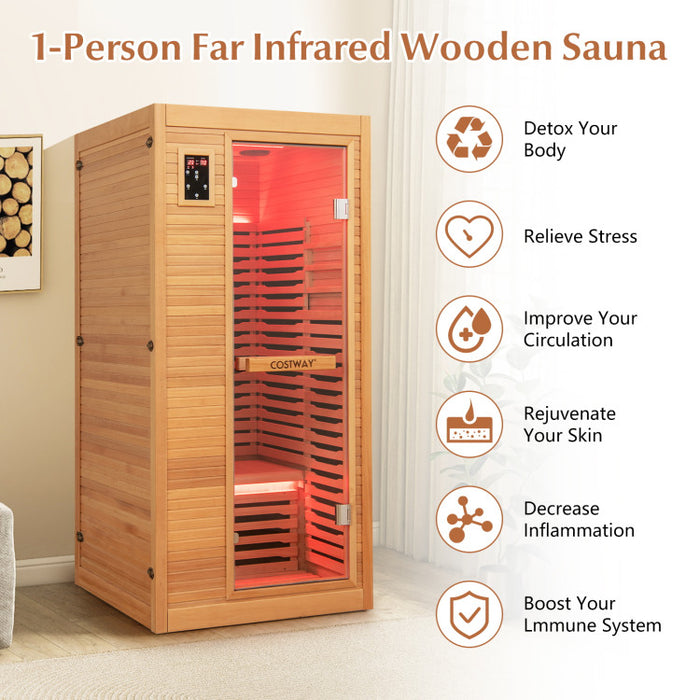 BEST SELLER! Costway Far Infrared Wooden Indoor Sauna Room with Bluetooth Speakers and Oxygen Ionizer for 1-2 person