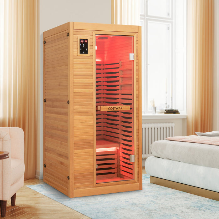 BEST SELLER! Costway Far Infrared Wooden Indoor Sauna Room with Bluetooth Speakers and Oxygen Ionizer for 1-2 person
