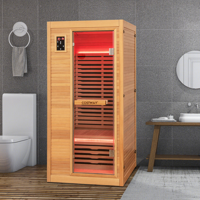 BEST SELLER! Costway Far Infrared Wooden Indoor Sauna Room with Bluetooth Speakers and Oxygen Ionizer for 1-2 person