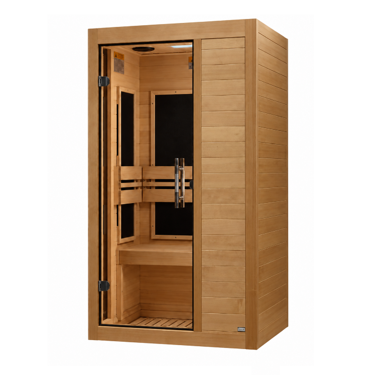 Dynamic Veneto DYN-6115-05 1-2 person infrared sauna in hemlock, angled view with glass door