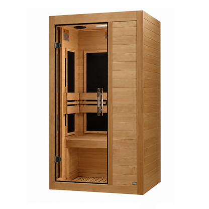 Dynamic Veneto DYN-6115-05 1-2 person infrared sauna in hemlock, angled view with glass door