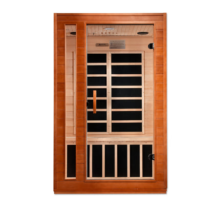 Dynamic Cordoba DYN-6203-01 2-person infrared sauna, front view with glass door and side window