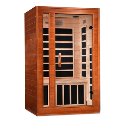 Dynamic Cordoba DYN-6203-01 2-person infrared sauna, angled view with glass door and side window