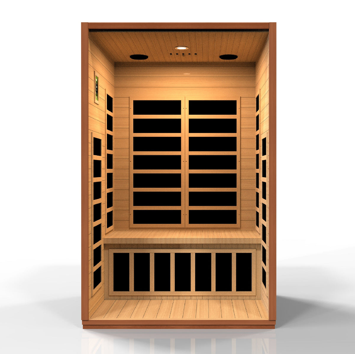 Interior of the Dynamic Cordoba DYN-6203-01 sauna with carbon heater panels and a wooden bench