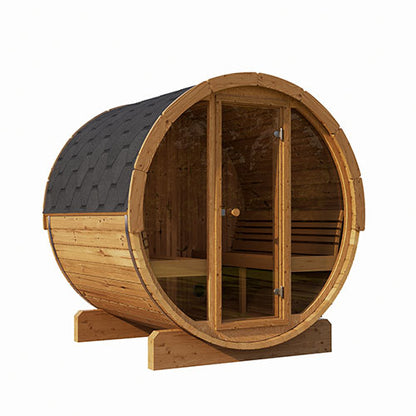 PRE-ORDER JULY 2026:  SaunaLife Model E8G Traditional Outdoor Barrel Sauna | Glass Front | ERGO Series | 6-Person