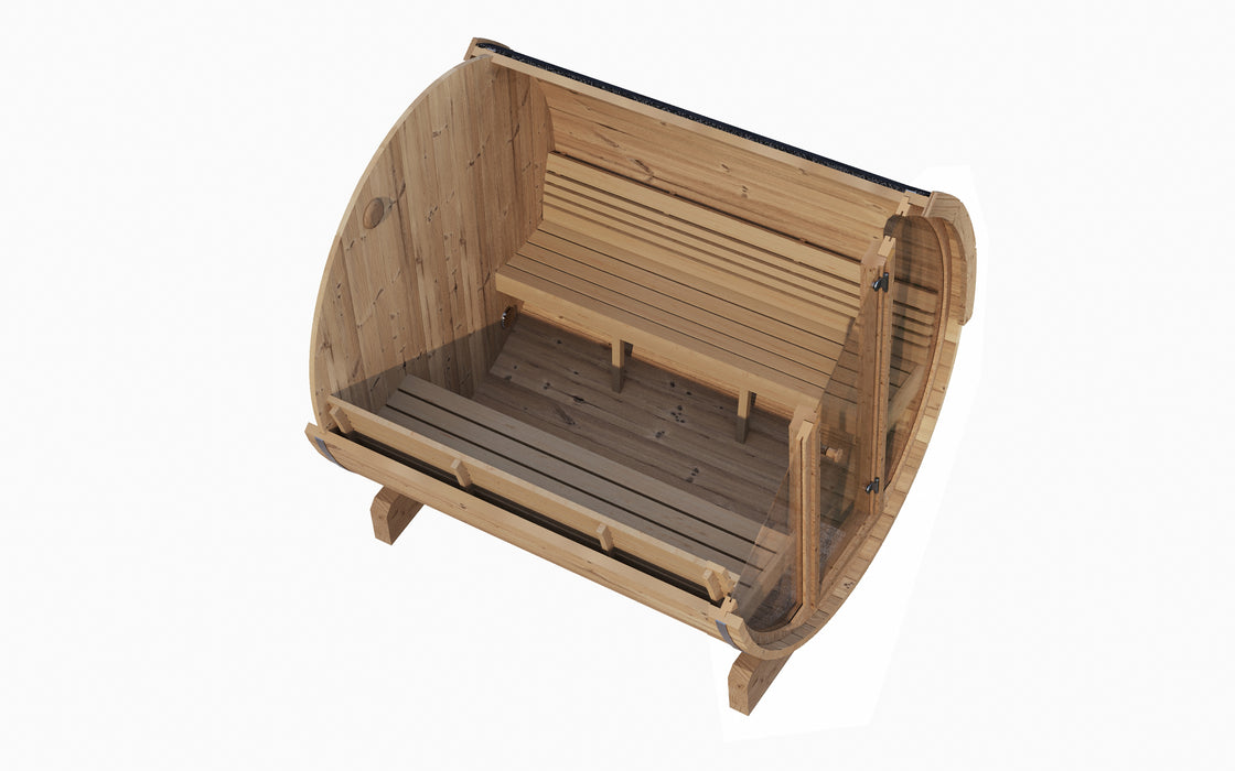 SaunaLife Model E8G Traditional Outdoor Barrel Sauna | Glass Front | ERGO Series | 6-Person
