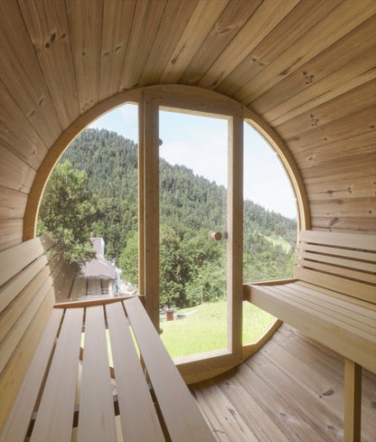PRE-ORDER JULY 2026:  SaunaLife Model E8G Traditional Outdoor Barrel Sauna | Glass Front | ERGO Series | 6-Person
