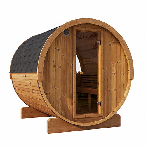 SaunaLife Model E6W barrel sauna with panoramic rear window, 3-person