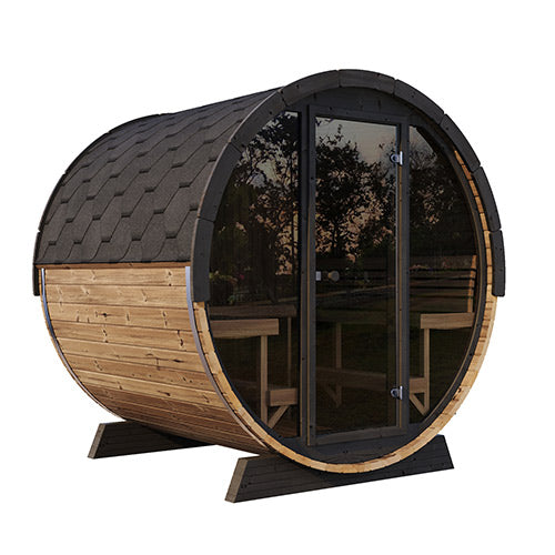 SaunaLife Model EE8G Traditional Outdoor Barrel Sauna | Ergo Elegance Series | Glass Front | 6-Person
