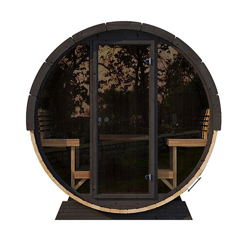 PRE-ORDER MAY 2026:  SaunaLife Model EE8G Traditional Outdoor Barrel Sauna | Ergo Elegance Series | Glass Front | 6-Person