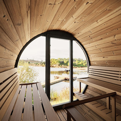 PRE-ORDER MAY 2026:  SaunaLife Model EE8G Traditional Outdoor Barrel Sauna | Ergo Elegance Series | Glass Front | 6-Person