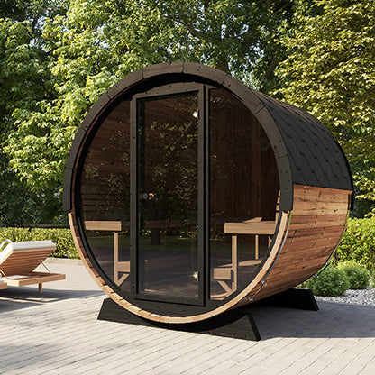 PRE-ORDER MAY 2026:  SaunaLife Model EE8G Traditional Outdoor Barrel Sauna | Ergo Elegance Series | Glass Front | 6-Person