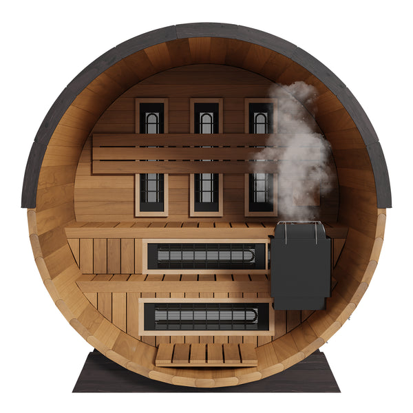 Finnmark outdoor hybrid barrel sauna with infrared and steam