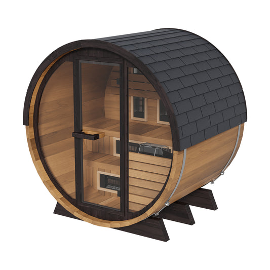 Finnmark FD-6 cedar barrel sauna, angled exterior view showing the black shingled roof, glass door and interior benches