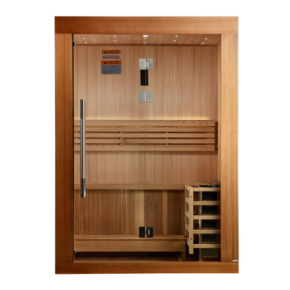 PRE-ORDER MAY 2026: Golden Designs 2025 "Sundsvall" Edition Indoor Traditional Sauna | GDI-7289-02 | 2 Person | Canadian Red Cedar Interior