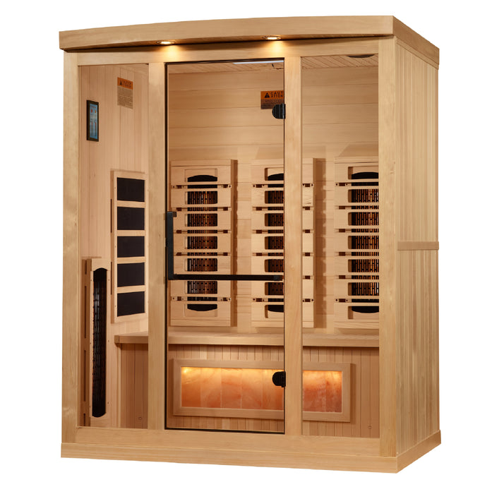 Sauna and Plunge Direct-Golden Designs Inc. 3-person sauna with Canadian Hemlock wood Model number GDI-8030-03. Features: Bluetooth, FM station, and chromotherapy lighting with red light therapy. Features carbon and infrared heat emitters, Himalayan salt bar, bronze tempered glass door, and easy clasp-together assembly. Sauna weight: 390 lbs, ships in 3 boxes.