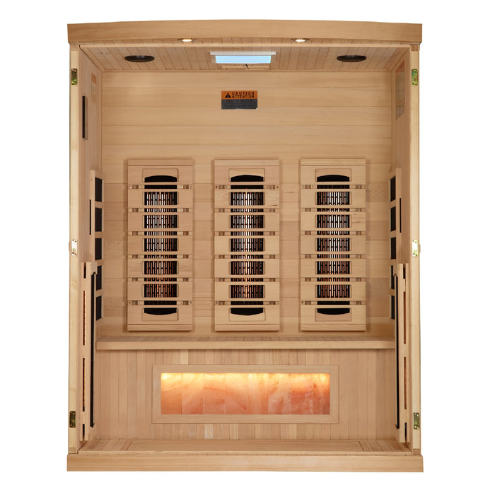 Sauna and Plunge Direct-Golden Designs Inc. 3-person sauna with Canadian Hemlock wood Model number GDI-8030-03. Features: Bluetooth, FM station, and chromotherapy lighting with red light therapy. Features carbon and infrared heat emitters, Himalayan salt bar, bronze tempered glass door, and easy clasp-together assembly. Sauna weight: 390 lbs, ships in 3 boxes.