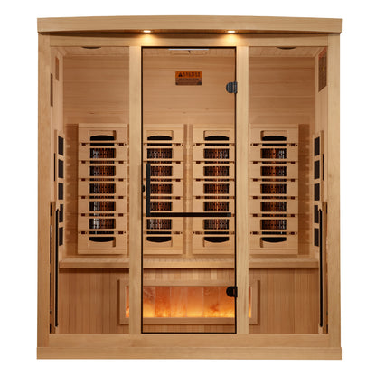 PRE-ORDER JUNE 2026: Golden Designs 2025 Reserve Edition Full Spectrum Infrared Indoor Sauna with Himalayan Salt Bar | GDI-8040-03 | 4 Person | Natural Reforested Canadian Hemlock