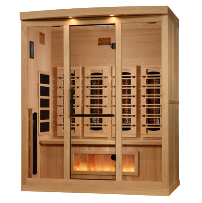 PRE-ORDER JUNE 2026: Golden Designs 2025 Reserve Edition Full Spectrum Infrared Indoor Sauna with Himalayan Salt Bar | GDI-8040-03 | 4 Person | Natural Reforested Canadian Hemlock