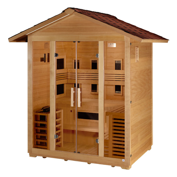 Golden Designs Gargellen hybrid outdoor sauna with infrared and traditional stove
