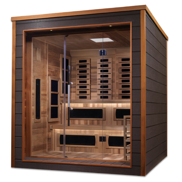 Golden Designs Karlstad indoor-outdoor hybrid sauna in red cedar