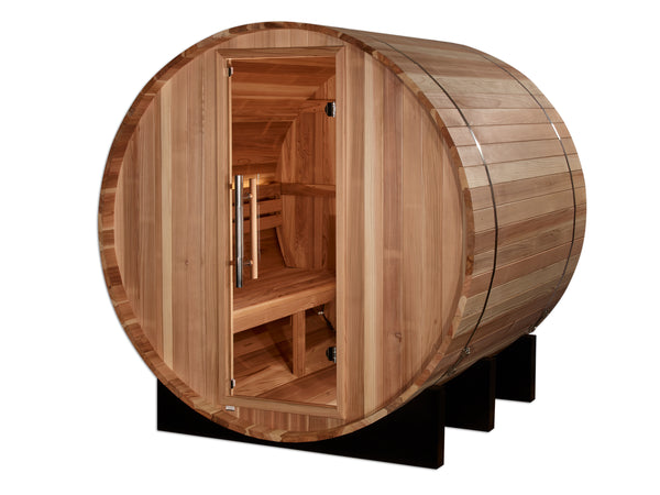 Golden Designs St. Moritz 2-person barrel outdoor sauna in Pacific Cedar