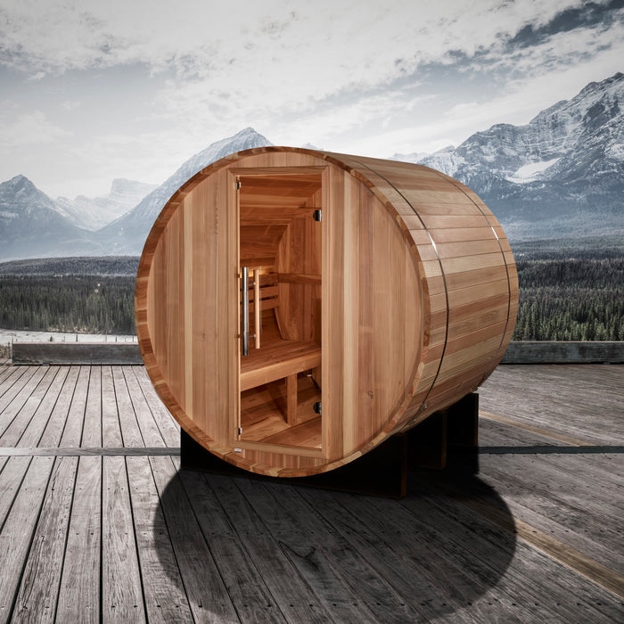 Golden Designs "St. Moritz" Traditional Barrel Outdoor Sauna | GDI-B002-01 | 2 Person | Pacific Premium Cedar Wood | Home Spa