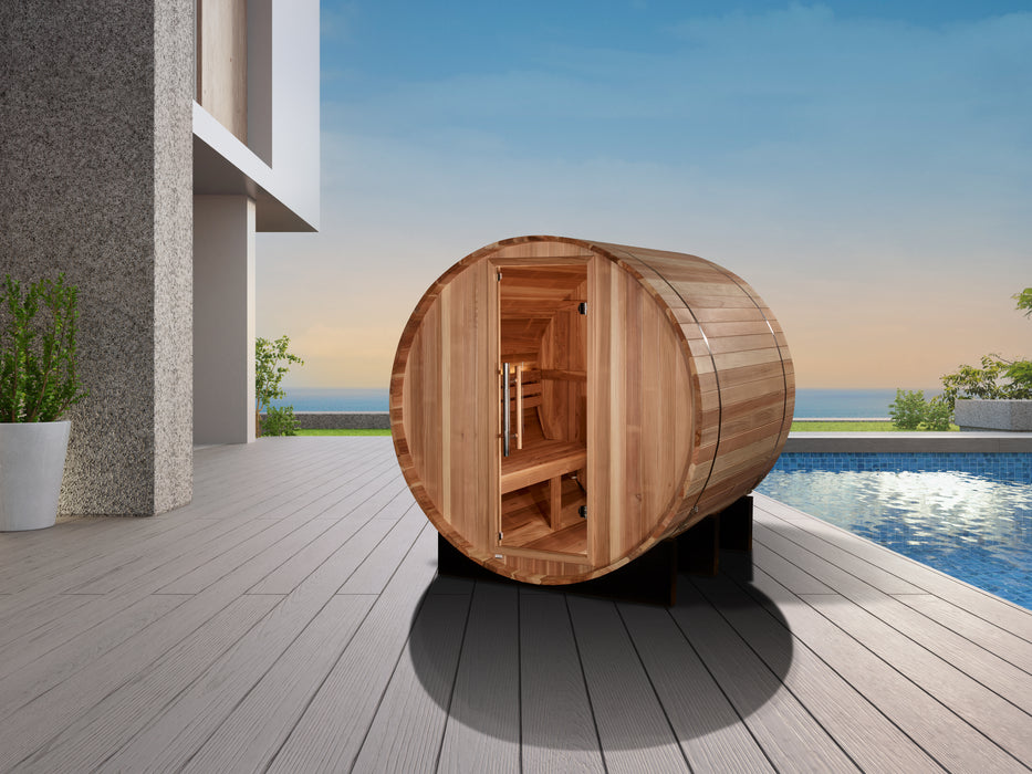 Golden Designs "St. Moritz" Traditional Barrel Outdoor Sauna | GDI-B002-01 | 2 Person | Pacific Premium Cedar Wood | Home Spa