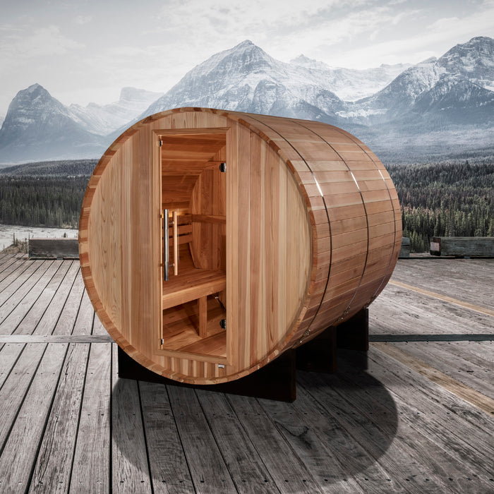 Golden Designs "Arosa" Traditional Barrel Outdoor Sauna | GDI-B004-01 | 4 Person | Pacific Premium Cedar Wood | Home Spa