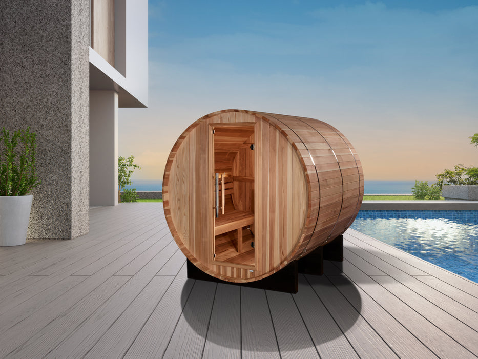 Golden Designs "Arosa" Traditional Barrel Outdoor Sauna | GDI-B004-01 | 4 Person | Pacific Premium Cedar Wood | Home Spa