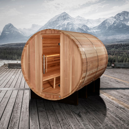 PRE-ORDER AUGUST 2026: Golden Designs "Klosters" Traditional Barrel Outdoor Sauna |  GDI-B006-01 | 6 Person | Pacific Premium Cedar Wood | Home Spa