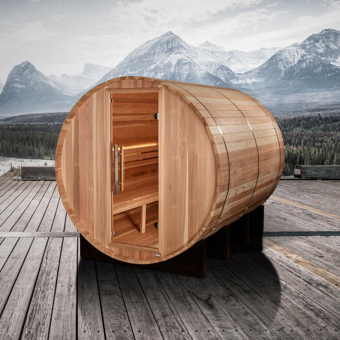 Golden Designs "Klosters" Traditional Barrel Outdoor Sauna |  GDI-B006-01 | 6 Person | Pacific Premium Cedar Wood | Home Spa