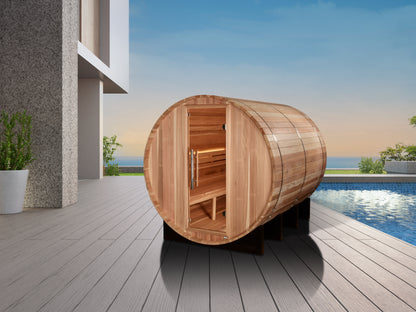 PRE-ORDER AUGUST 2026: Golden Designs "Klosters" Traditional Barrel Outdoor Sauna |  GDI-B006-01 | 6 Person | Pacific Premium Cedar Wood | Home Spa
