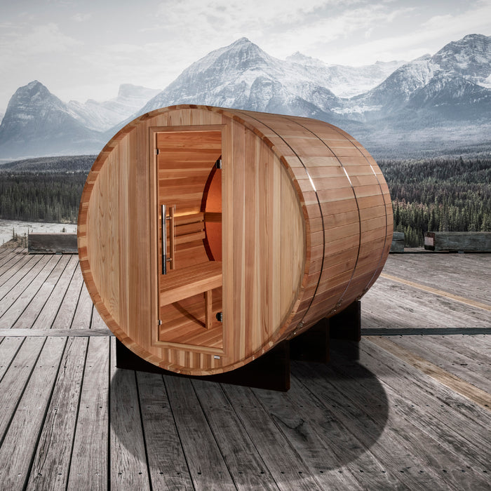 Golden Designs "Zurich" Traditional Barrel Outdoor Sauna with Bronze Privacy View | GDI-B024-01 | 4 Person | Pacific Premium Cedar Wood | Home Spa