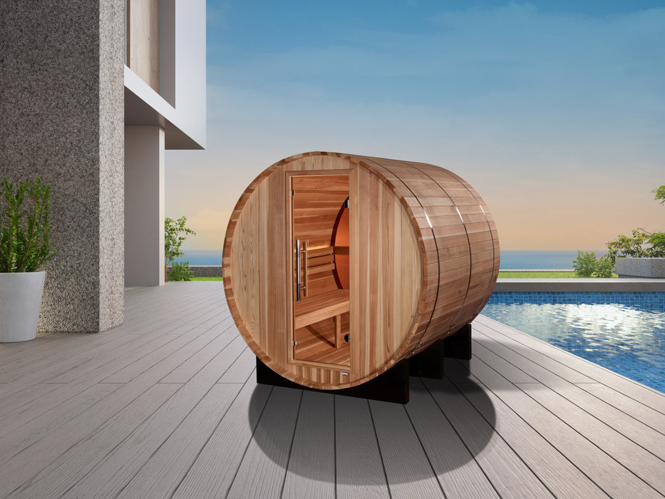 Golden Designs "Zurich" Traditional Barrel Outdoor Sauna with Bronze Privacy View | GDI-B024-01 | 4 Person | Pacific Premium Cedar Wood | Home Spa