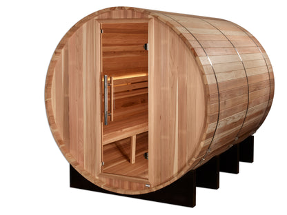PRE-ORDER AUGUST 2026: Golden Designs "Klosters" Traditional Barrel Outdoor Sauna |  GDI-B006-01 | 6 Person | Pacific Premium Cedar Wood | Home Spa