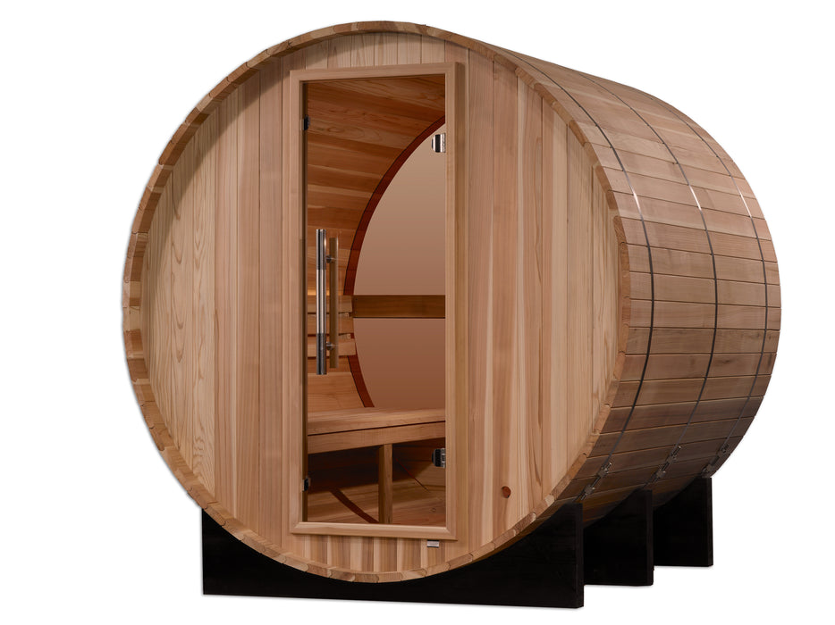 Golden Designs "Zurich" Traditional Barrel Outdoor Sauna with Bronze Privacy View | GDI-B024-01 | 4 Person | Pacific Premium Cedar Wood | Home Spa