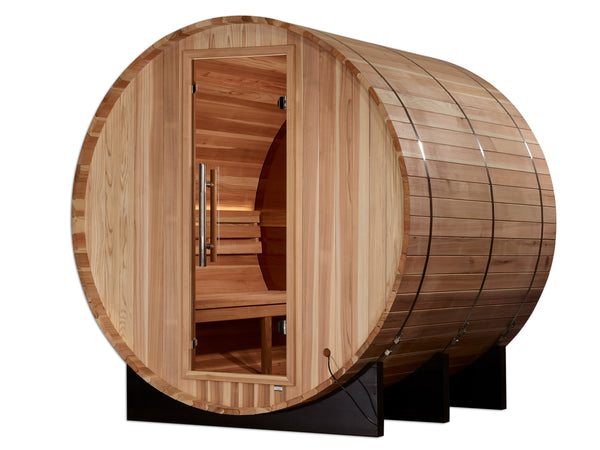 Golden Designs Zurich 4-person barrel outdoor sauna in Pacific cedar