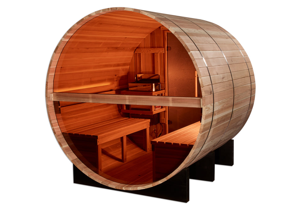 Golden Designs "Zurich" Traditional Barrel Outdoor Sauna with Bronze Privacy View | GDI-B024-01 | 4 Person | Pacific Premium Cedar Wood | Home Spa