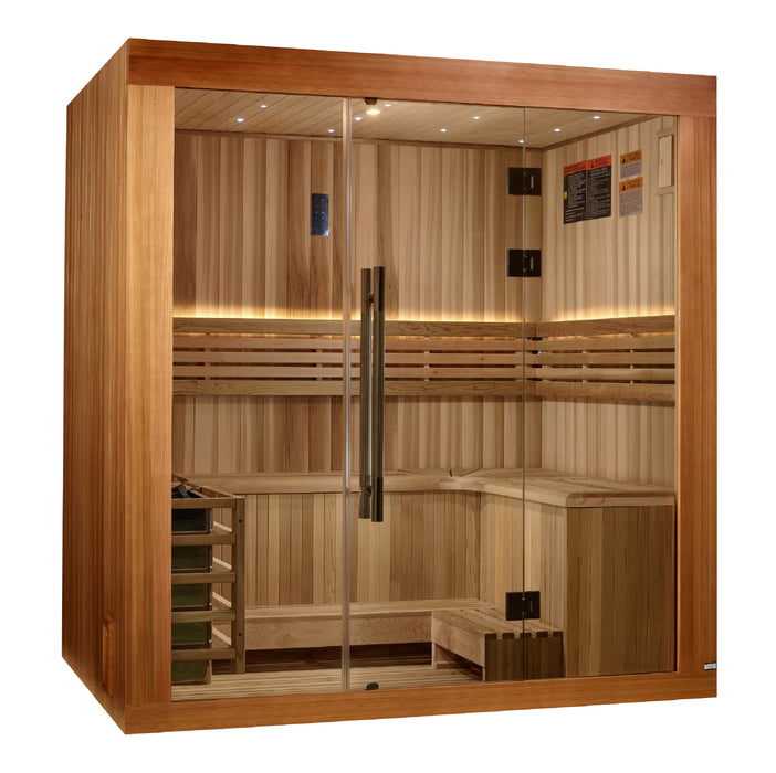 3-person sauna with a natural Canadian Red Cedar interior and clear-stained Cedar exterior. Features galaxy star ceiling lighting, accent-lit backrest, reading lamp, and LED control panel with FM and Bluetooth. Includes built-in speakers, tempered glass panels with door, sandglass, bucket, scoop, and stainless steel hardware. Equipped with an 8KW Harvia traditional stove. Exterior dimensions: 79″ x 59″ x 83″; interior dimensions: 74″ x 51″ x 78″. Model ships in seven boxes.