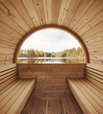 SaunaLife Model E6W Traditional Outdoor Barrel Sauna with Rear Window | ERGO Series | 3-Person