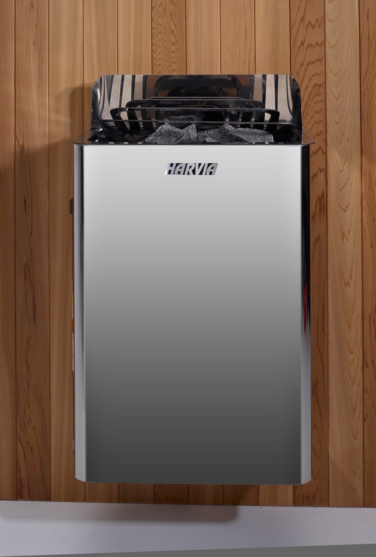 Golden Designs Carinthia Harvia 8 kW wall stove, front view mounted on the sauna wall