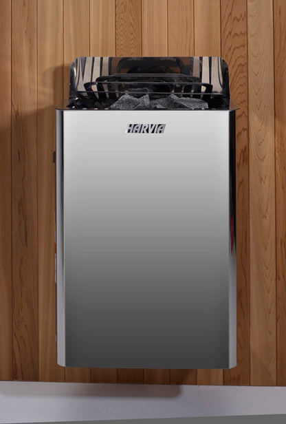 Golden Designs Carinthia Harvia 8 kW wall stove, front view mounted on the sauna wall